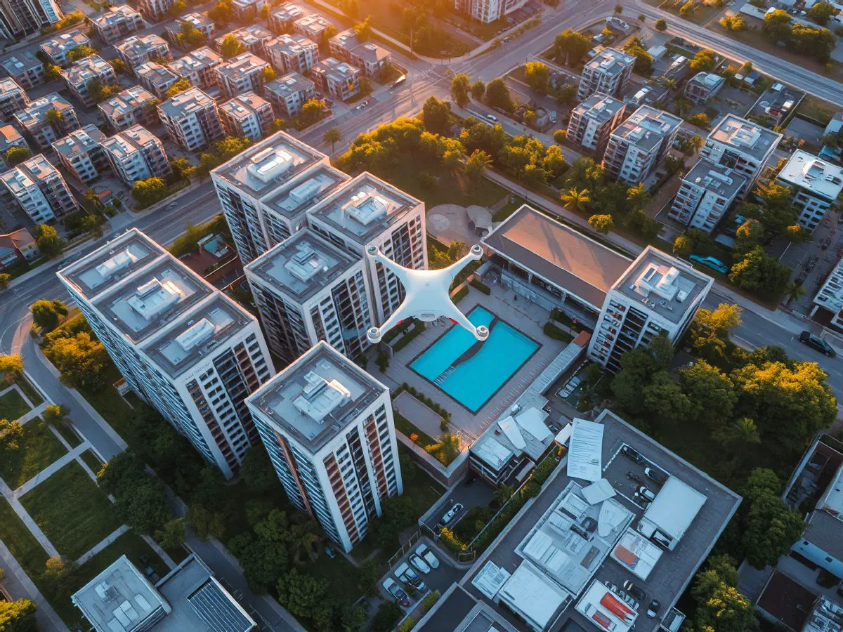 地产项目航拍全景，展示楼盘周边环境和小区绿化